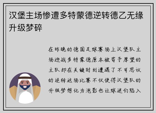 汉堡主场惨遭多特蒙德逆转德乙无缘升级梦碎